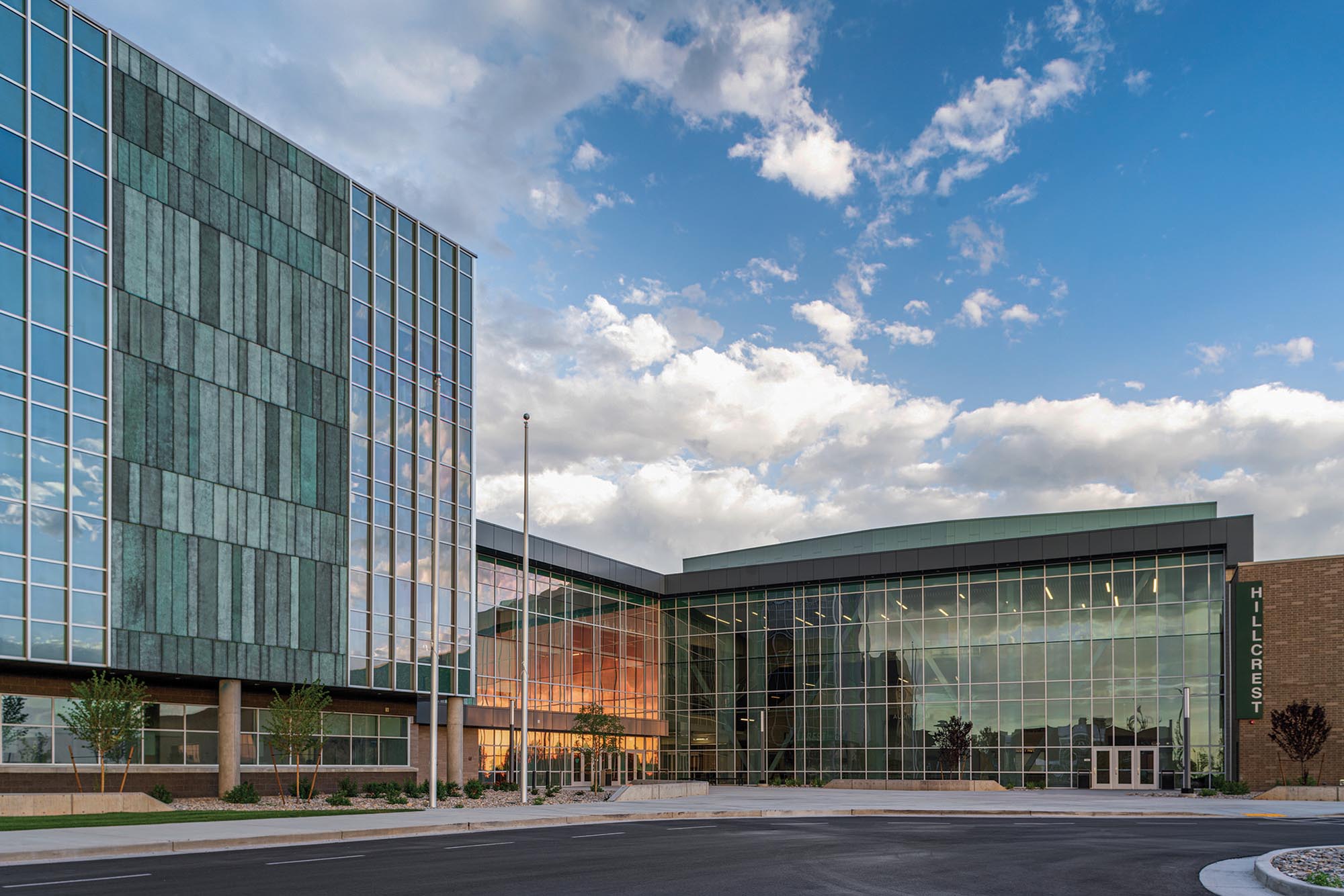 Hillcrest-High-School-Exterior-Main-Entrance-West-and-South-Facing-Facade-Daytime-Angle N. Eldon Tanner Business Building